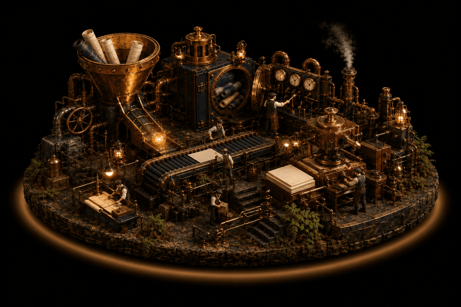 SpyderByte Foundry workflow view rendered as a miniature production line: robotic agents assembling business documents at brass machine stations along a conveyor