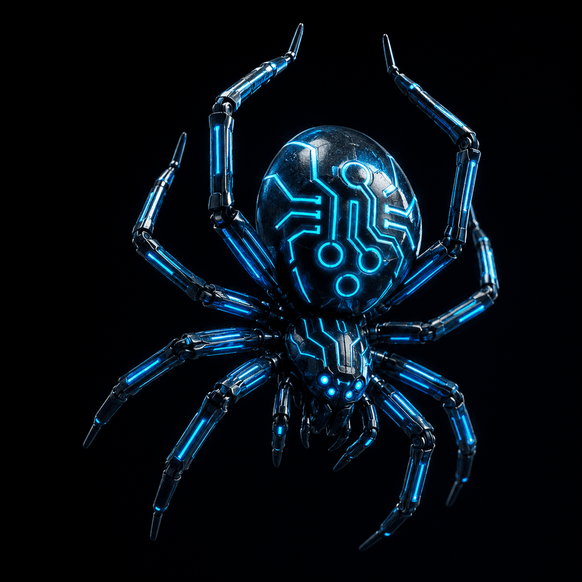 Top-down view of the SpyderByte robotic spider mascot with glowing circuitry